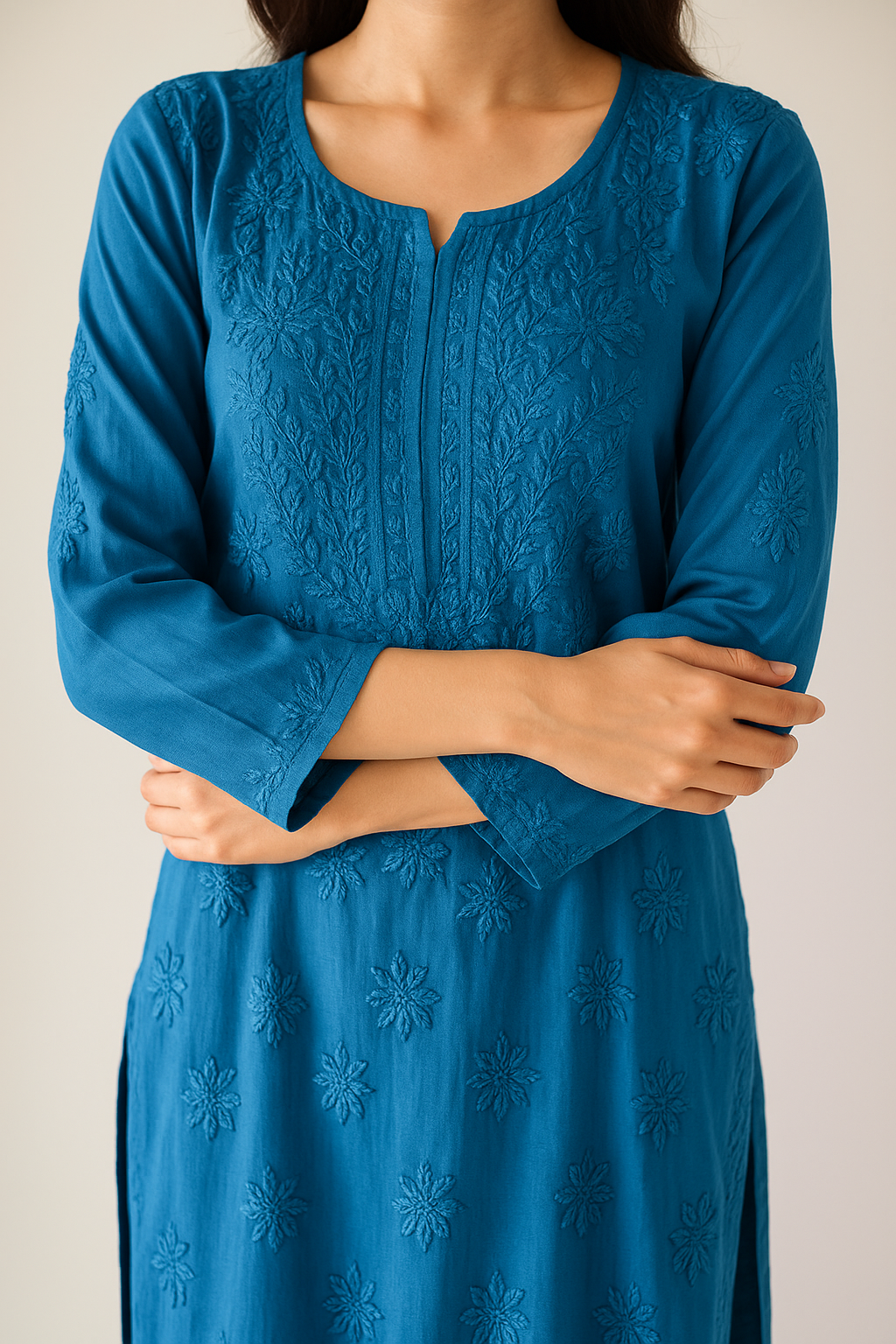 Handcrafted Chikankari Navy Blue Straight Kurta