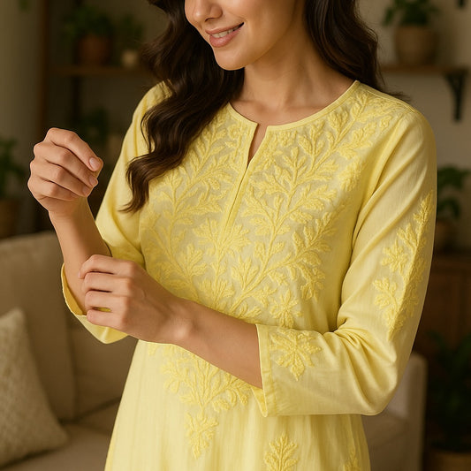 Handcrafted Chikankari yellow Straight Kurta