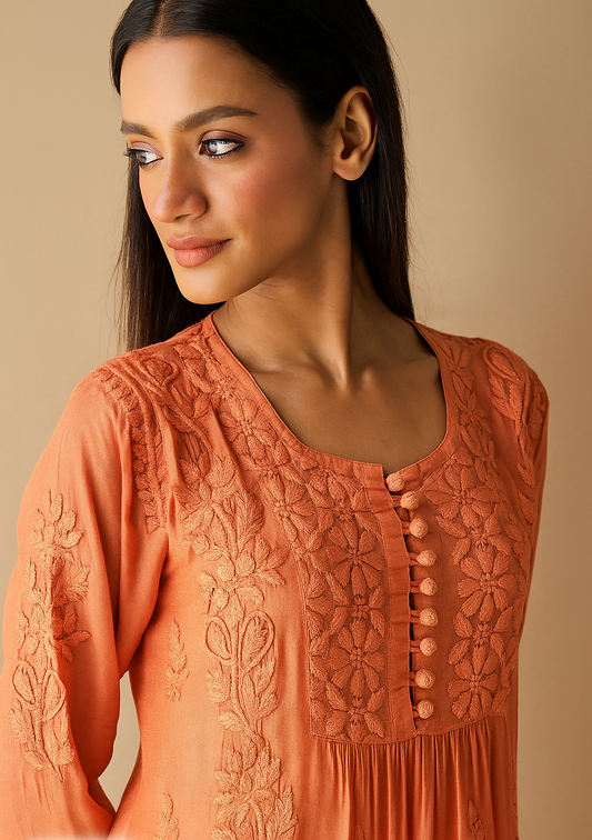 Handcrafted Orange Chikankari Kurta