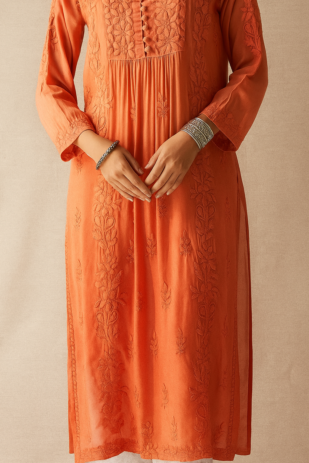 Handcrafted Orange Chikankari Kurta