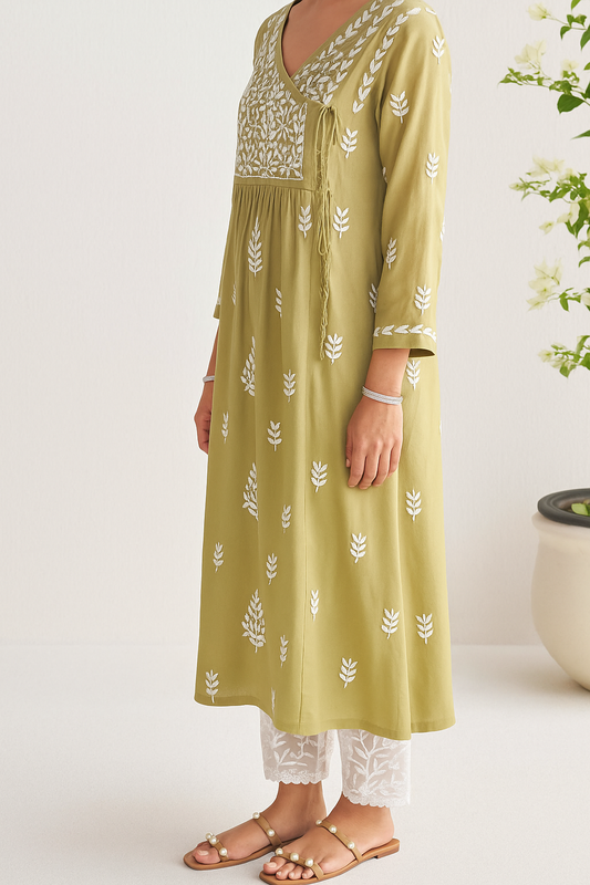 Handcrafted Chikankari Green Angrakha
