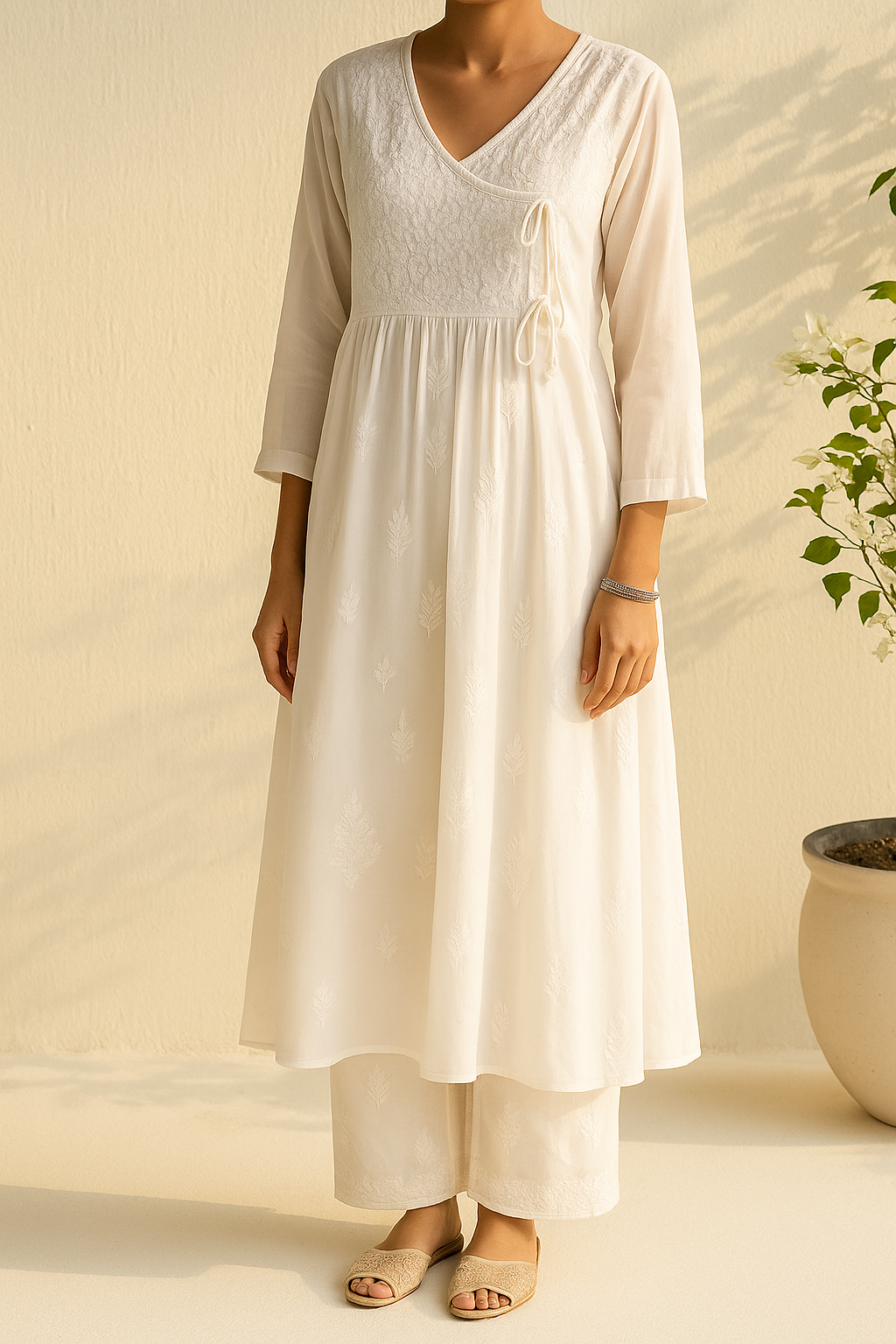 Handcrafted Chikankari White Angrakha Set