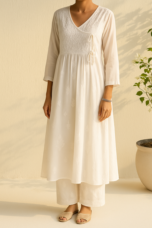 Handcrafted Chikankari White Angrakha Set