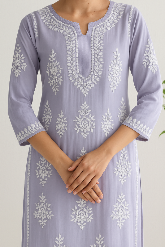 Handcrafted Chikankari lavender Straight Kurta