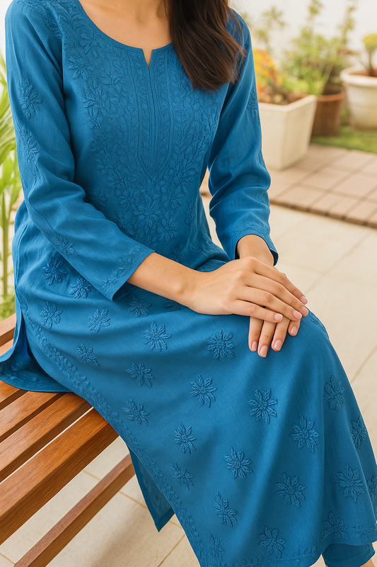 Handcrafted Chikankari Navy Blue Straight Kurta