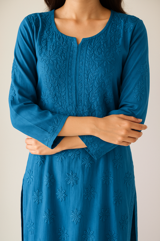 Handcrafted Chikankari Navy Blue Straight Kurta