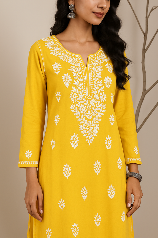 Handcrafted Chikankari Mustard Straight Kurta