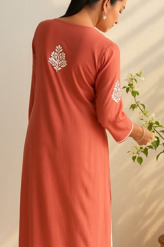 Handcrafted Chikankari Red Straight Kurta