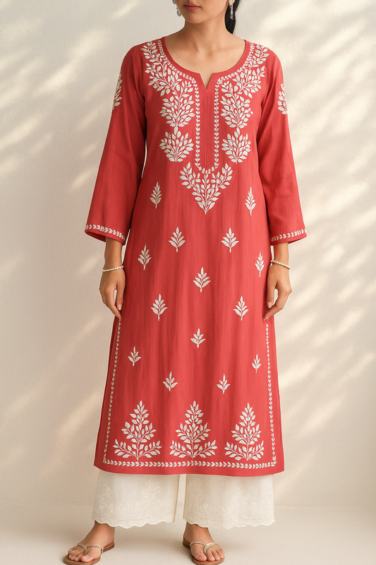 Handcrafted Chikankari Red Straight Kurta