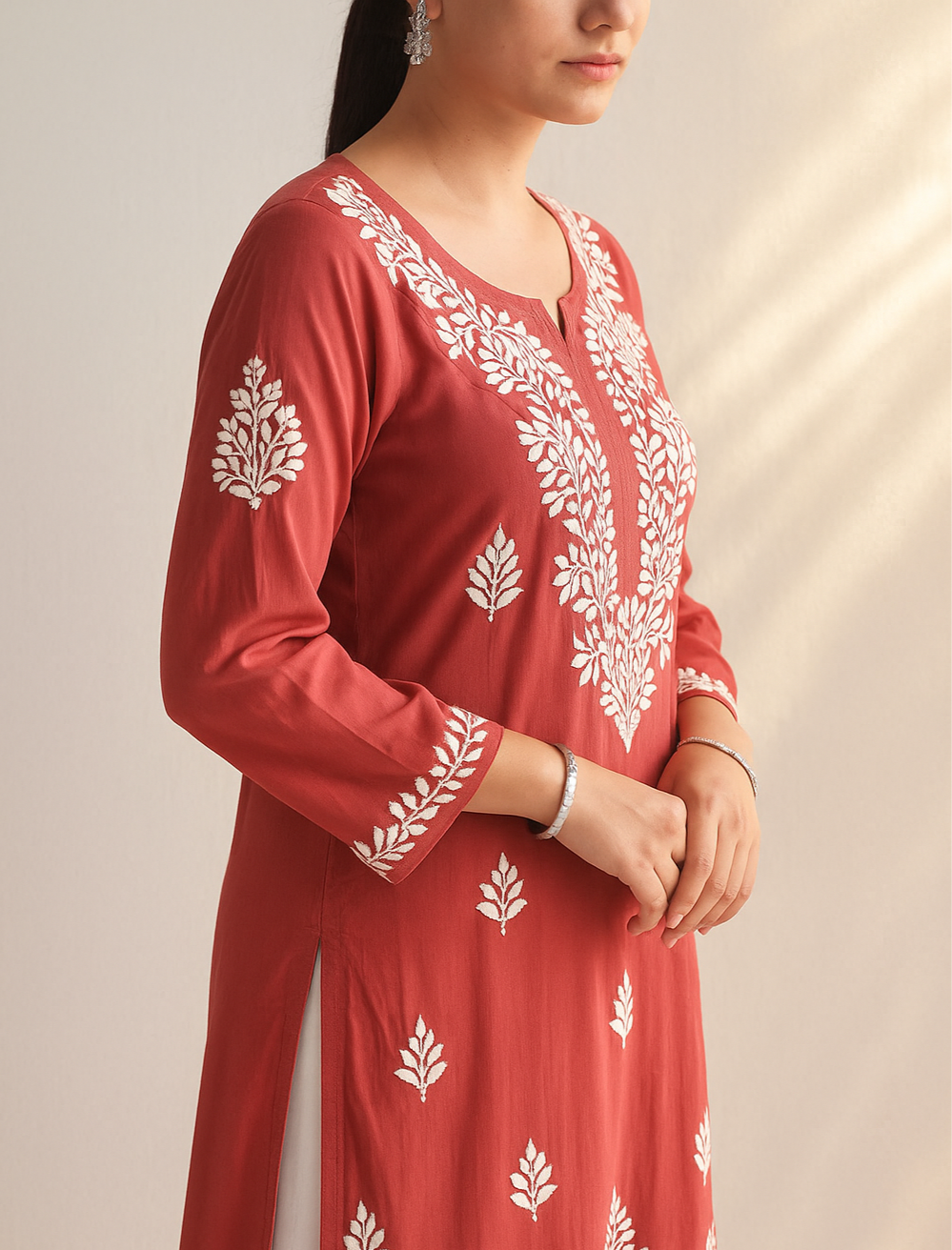 Handcrafted Chikankari Red Straight Kurta