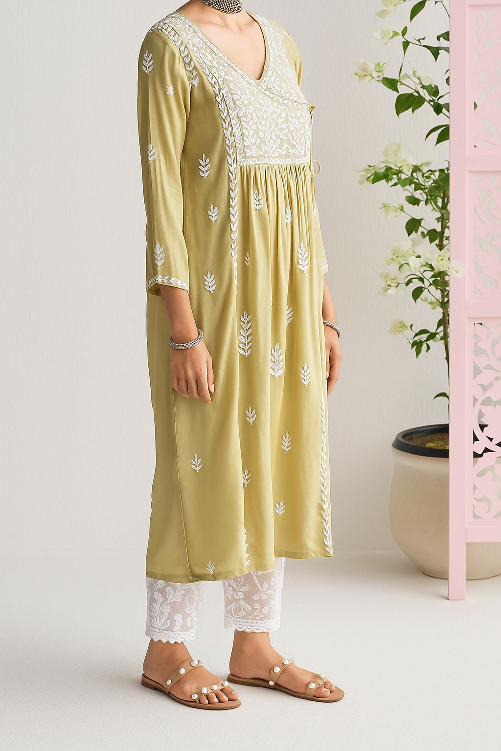 Handcrafted Chikankari Green Angrakha