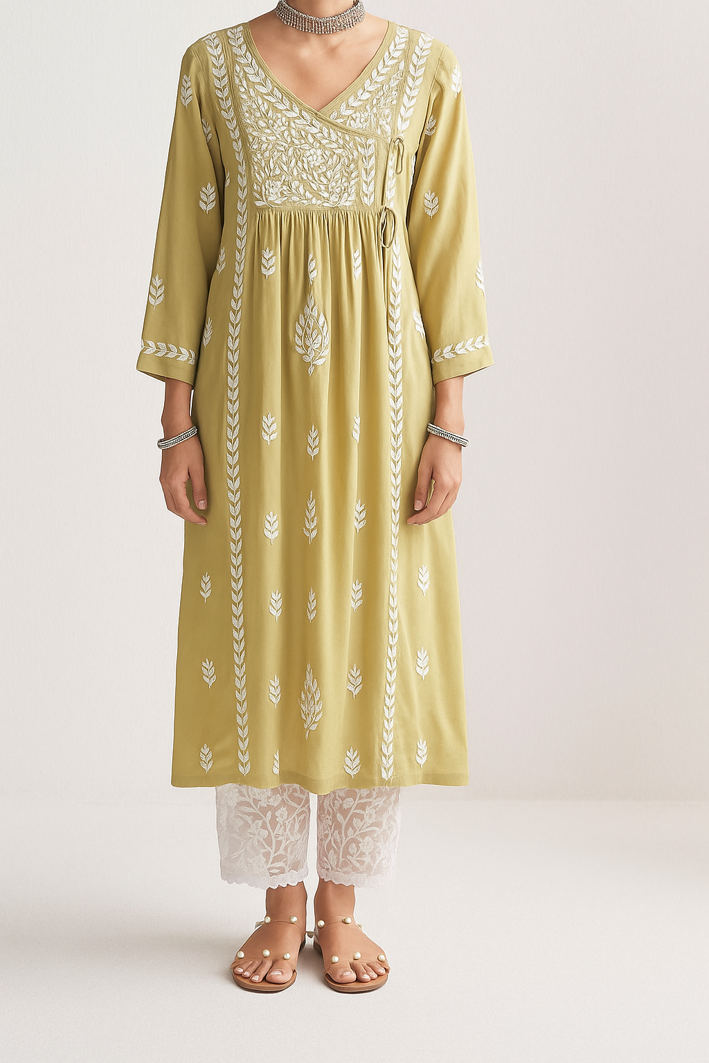 Handcrafted Chikankari Green Angrakha