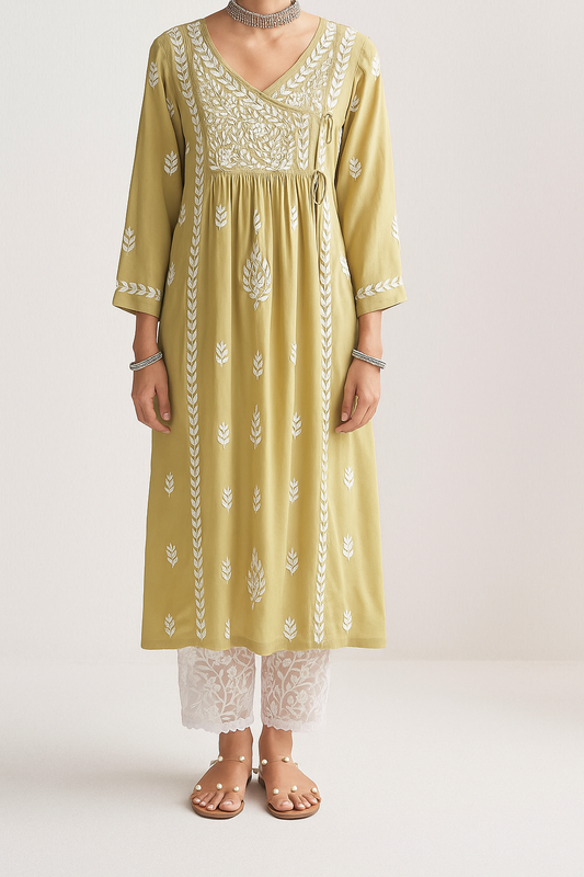 Handcrafted Chikankari Green Angrakha