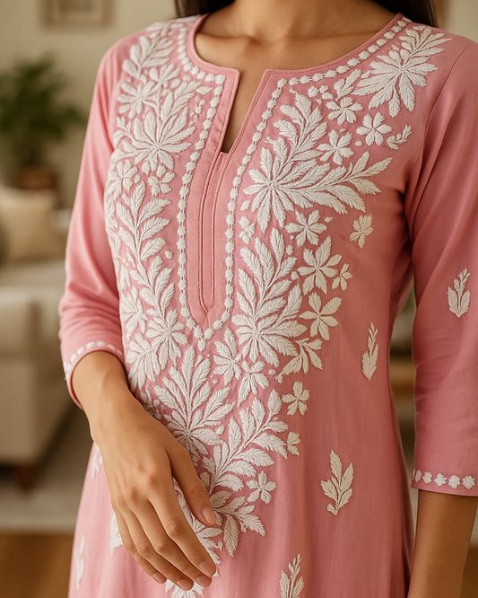 Handcrafted Chikankari Pink Straight Kurta Set