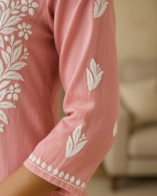 Handcrafted Chikankari Pink Straight Kurta Set
