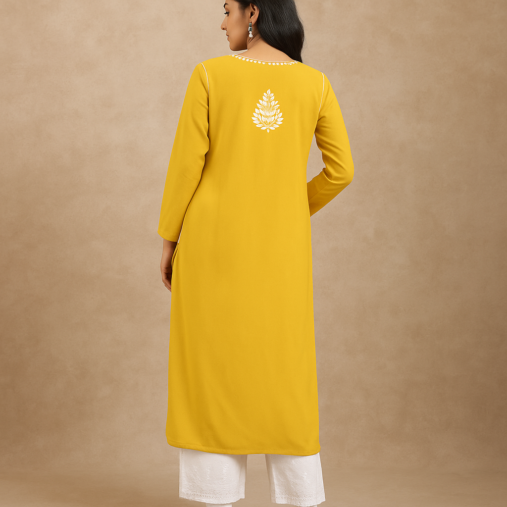 Handcrafted Chikankari Mustard Straight Kurta