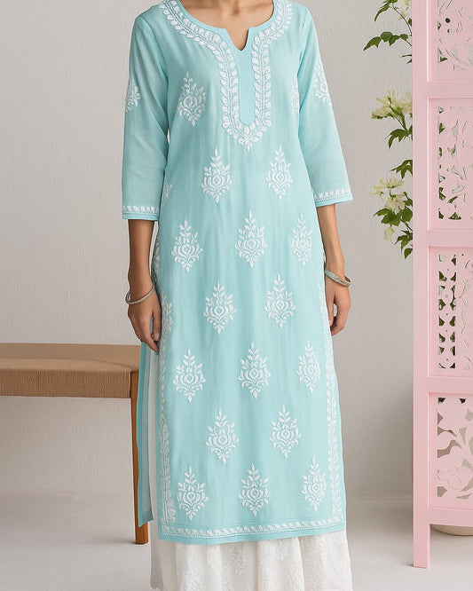 Handcrafted Chikankari Blue Straight Kurta