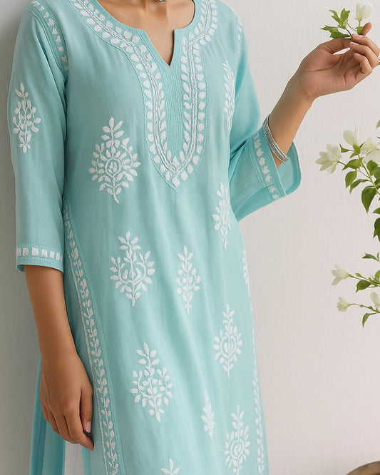 Handcrafted Chikankari Blue Straight Kurta