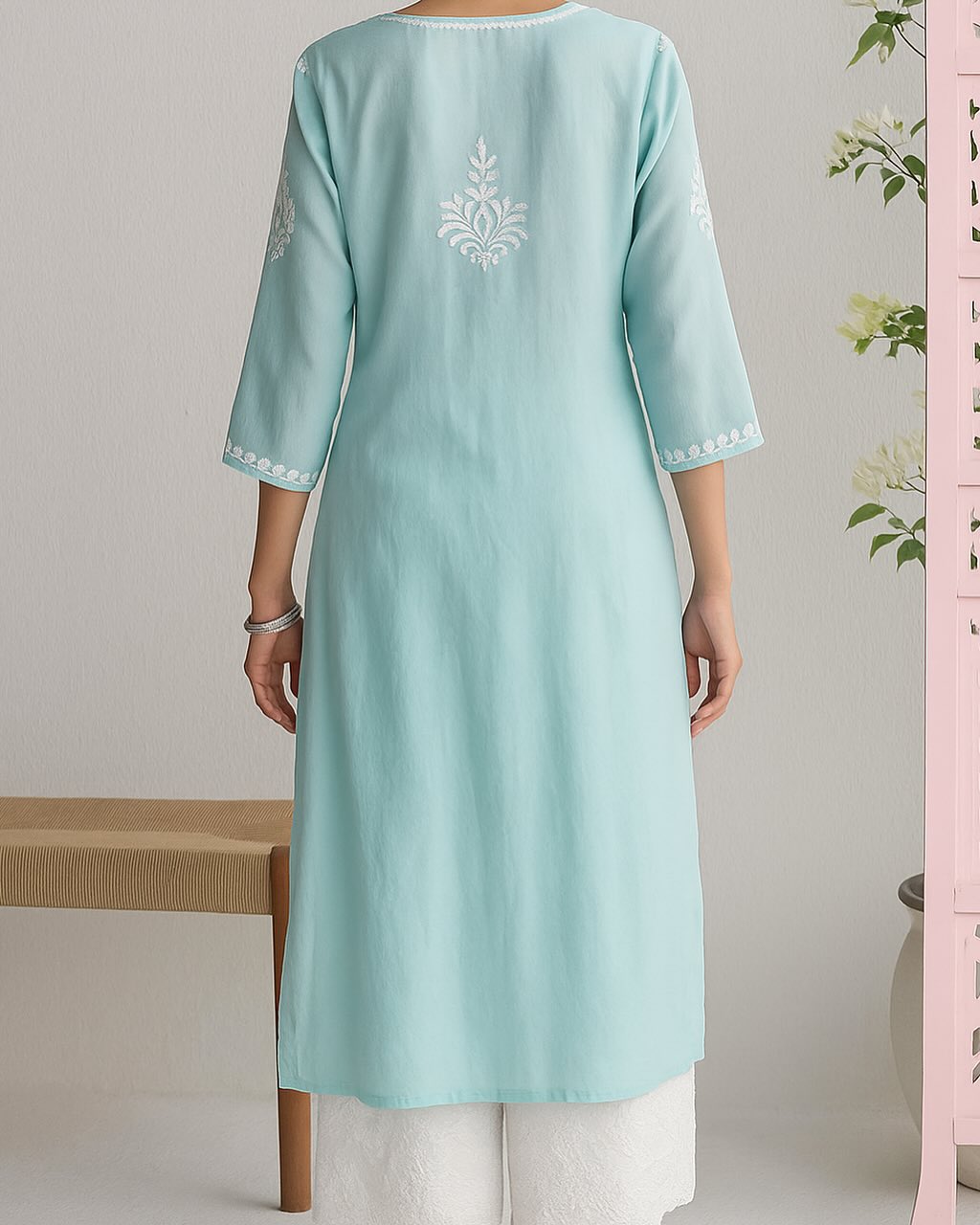 Handcrafted Chikankari Blue Straight Kurta