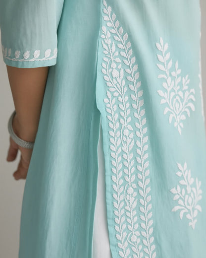 Handcrafted Chikankari Blue Straight Kurta